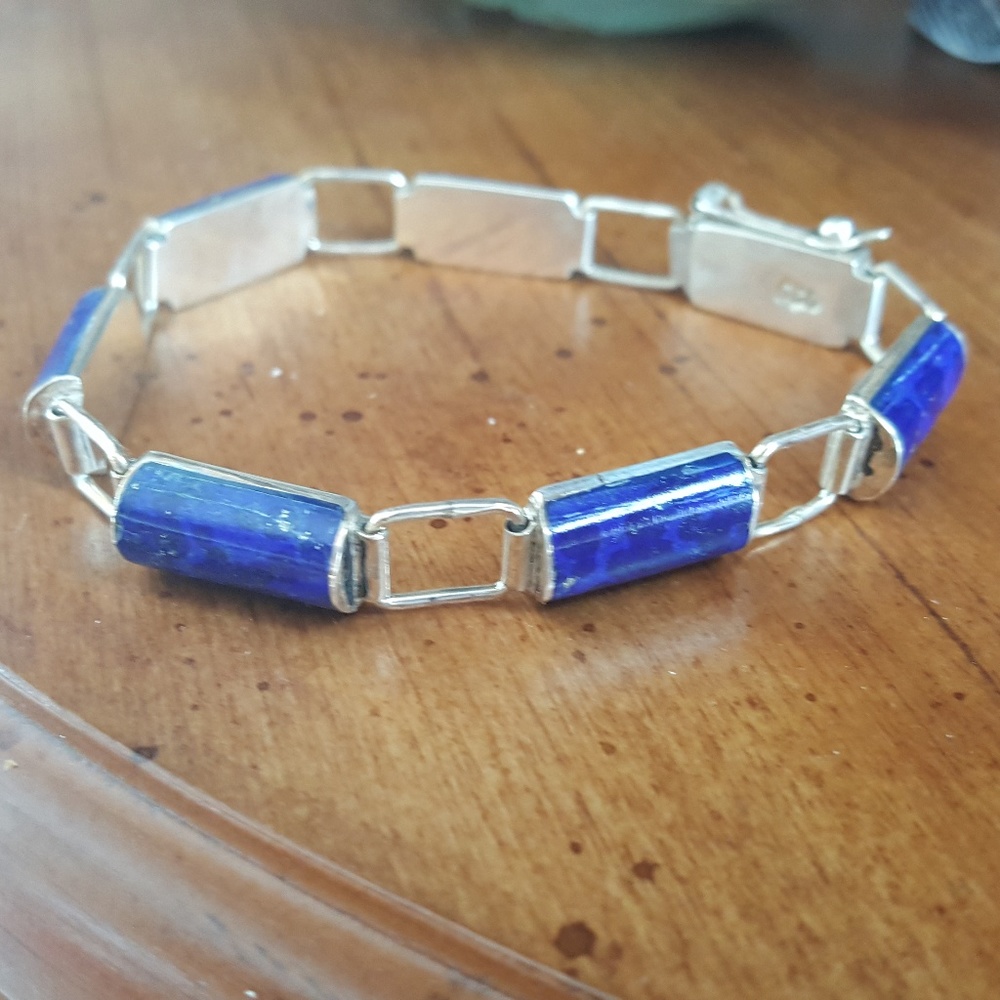 Sterling Silver Lapis Lazuli Bracelet 7" Rectangle Links 1/2" Squares Safety
